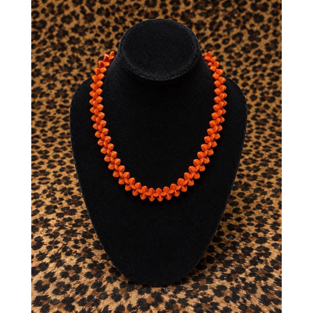 Vintage Orange Statement Necklace Sculptural Beaded Boho Retro 20" Toggle